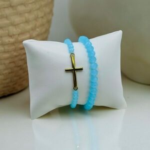Stainless Steel Cross beaded Bracelet -Sky Blue